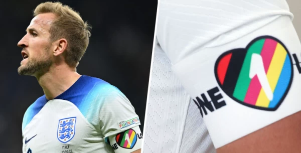 英格蘭隊長凱恩原本堅持帶「OneLove」臂章下場,但FIFA說敢戴就給黃牌。(圖:摘自推特)