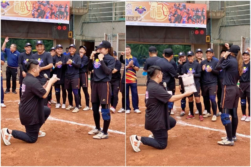嘉南鷹游佩昀男友驚喜現身求婚。（圖：中華壘協提供）