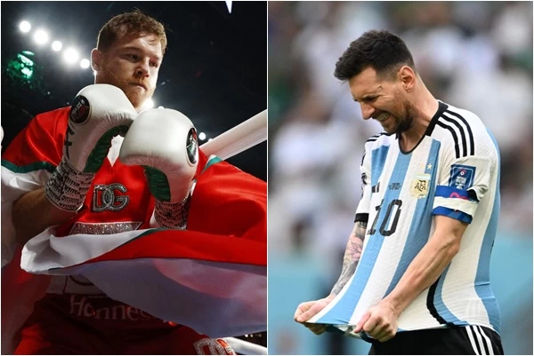 墨西哥拳王阿瓦雷茲(Canelo Alvarez,左)向梅西嗆聲。合成照片
