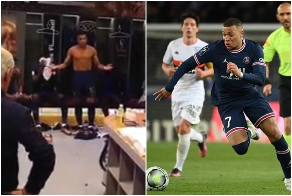 姆巴佩(Kylian Mbappe)在中場向隊友們鼓勵。合成照片