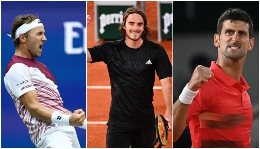 喬科維奇(Novak Djokovic,右)、魯德(Casper Ruud,左)和西西帕斯(Stefanos Tsitsipas,中)3人都將有機會在今年澳網競爭世界第1的球王寶座!法新社