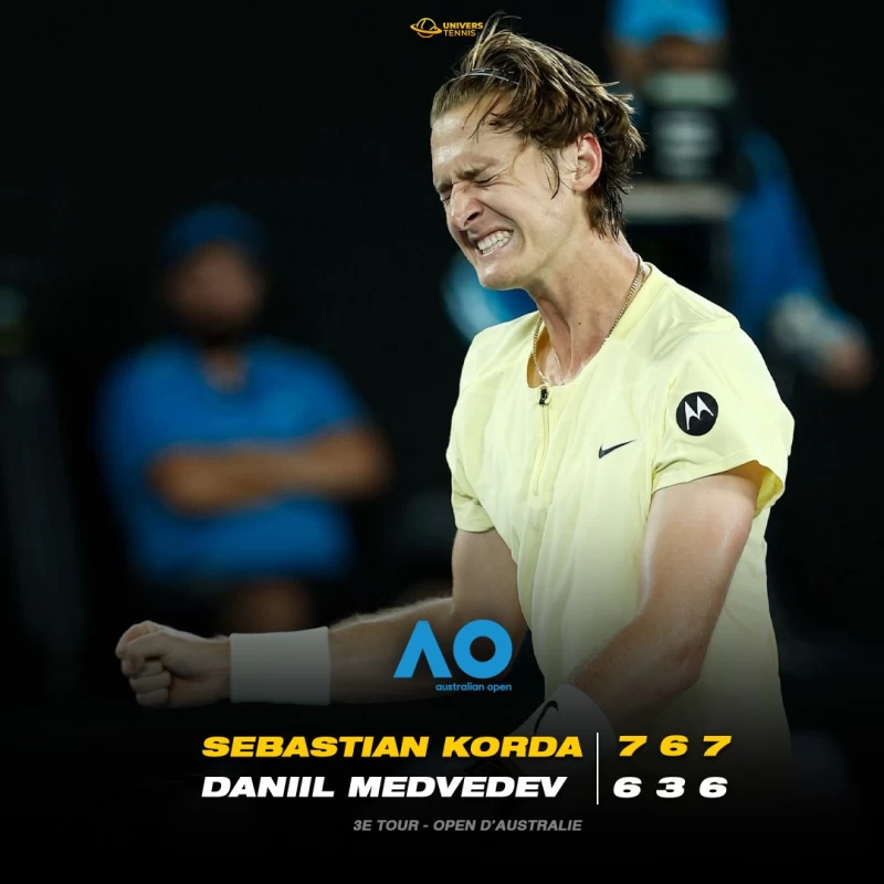 世界第界第31的美國22歲小將柯達(Sebastian Korda)爆冷直落三獲勝。摘自澳網推特