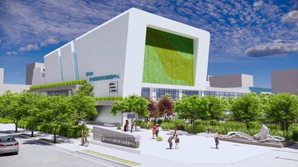 北屯國兒運是臺中首座結合標準滑冰場的運動中心建築模擬圖。台中市運動局提供