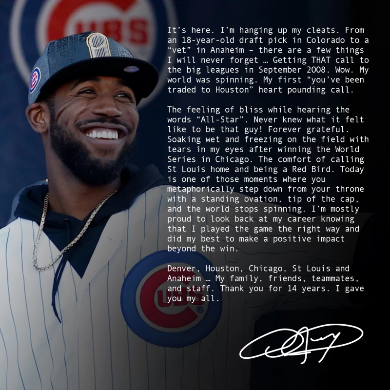 在大聯盟生征戰12個年頭的36歲老將福勒（Dexter Fowler），今天在IG上宣布退休消息。摘自福勒IG