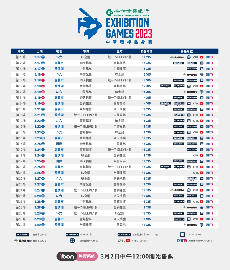 2023中華職棒熱身賽賽程。官方提供