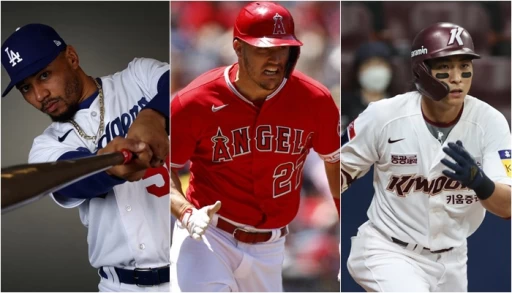 美國隊的貝茲（Mookie Betts，左起），楚奧特（Mike Trout）以及韓國隊的李政厚。合成照片
