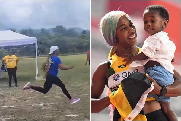 牙買加的奧運3金女飛人普萊斯（Shelly-Ann Fraser-Pryce）為了寶貝兒子親自參加學校的比賽。合成照片