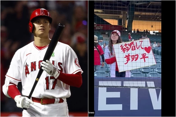 女粉高舉板板喊「大谷娶我」。摘自推特