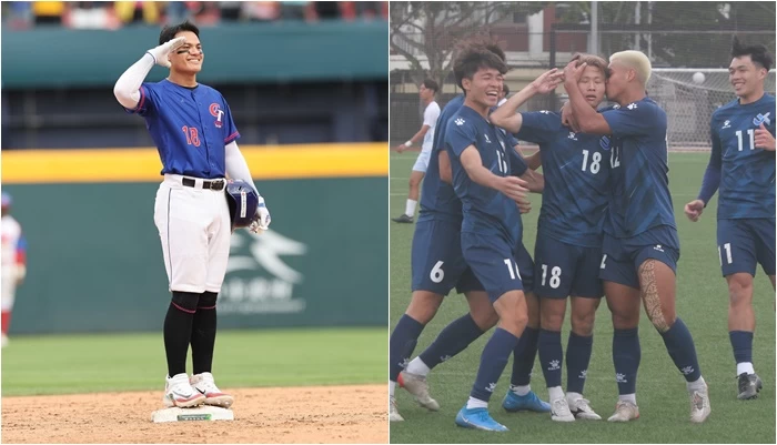 北市大黃國釜進球後也秀出張育成的致敬禮。合成照片