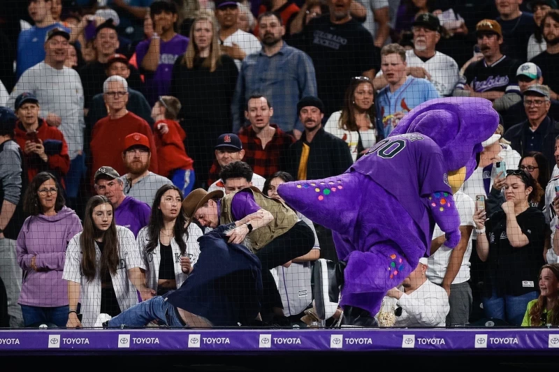 科羅拉多洛磯吉祥物丁格(Dinger)遭球迷偷襲。摘自推特