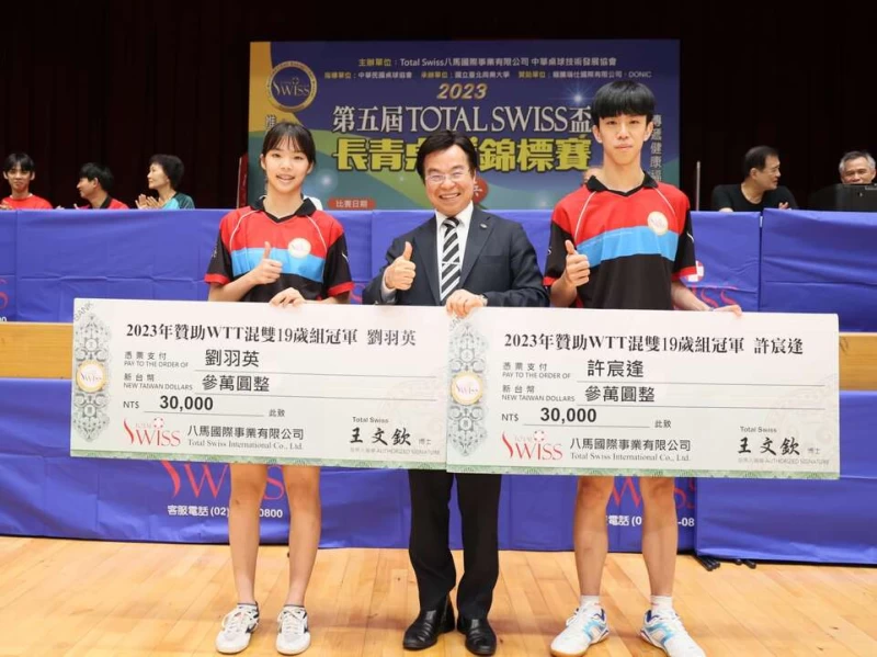 八馬國際董事長王文欽頒獎給TOTAL SWISS少年隊的許宸逢/劉羽英。大會提供