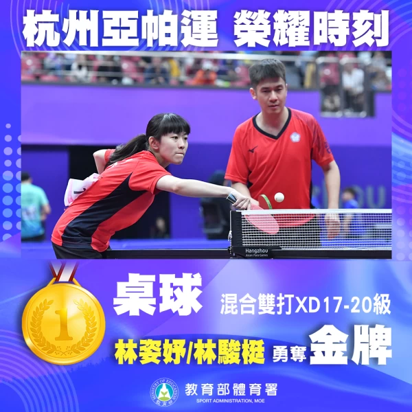 桌球混雙林姿妤/林駿挺力克地主中國摘金。體育署提供