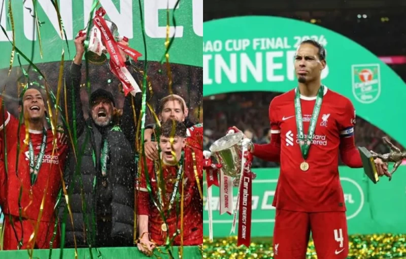 范迪克(圖右)獲選決賽MVP、利物浦隊史第10次奪得英格蘭聯賽盃冠軍。法新社