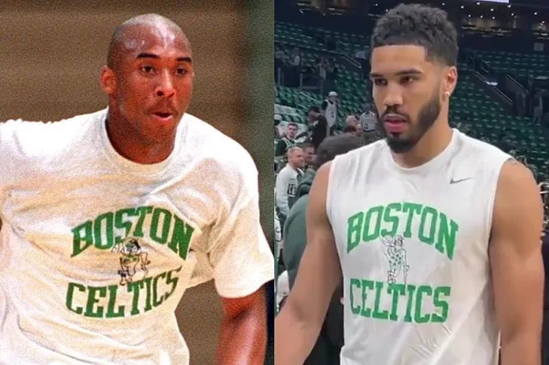 塞爾提克一哥塔圖姆(Jayson Tatum)穿著跟已故傳奇球星布萊恩(Kobe Bryant)同款T練球。合成照片