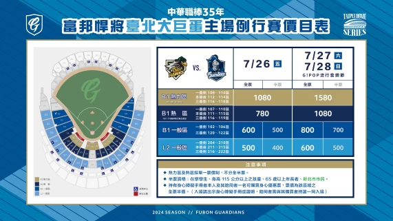 富邦悍將大巨蛋售票票價圖。(圖:富邦悍將提供)