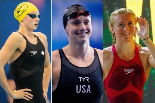 女子400公尺自由式將由三人萊德基(Katie Ledecky,中)、蒂特姆斯(Ariarne Titmus,右) 和麥金托什(Summer McIntosh,左)對決。合成照片