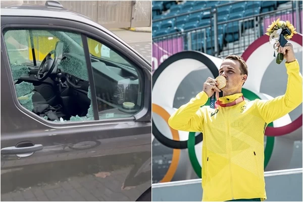 上屆奧運金牌馬丁座車遭襲擊。合成照片