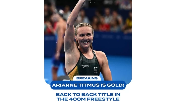 澳洲選手蒂特姆斯(Ariarne Titmus)在女子400自完成連霸。摘自水上運動總會推特
