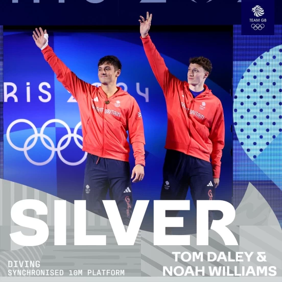 英國「跳水王子」戴利和搭檔威廉絲拿下雙人10公尺跳台銀牌。Team GB X