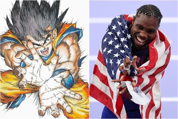奧運100公尺金牌得主萊爾斯(Noah Lyles)做出「龜派氣功」動作。合成照片