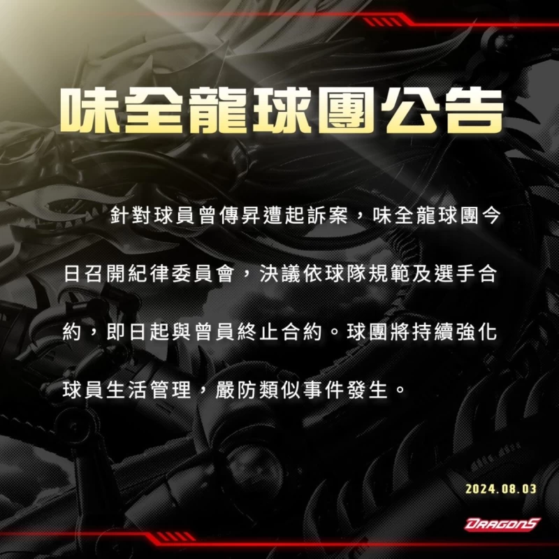 味全龍在被起訴事件爆發出來隔天即火速終止合約。（圖：味全龍提供）
