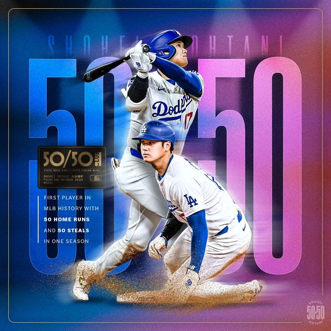 大谷翔平單場3轟2盜，一場就達成50-50紀錄。（圖：取自Los Angeles Dodgers x)