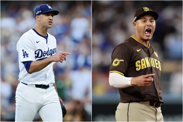 佛萊爾提(Jack Flaherty,左)與馬查多(Manny Machado)互噴口水。合成照片