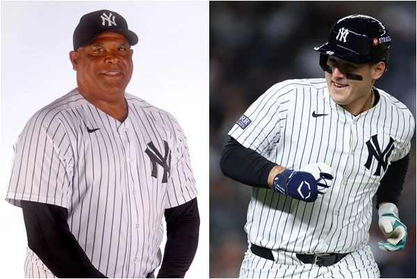 洋基牛棚教練哈基(Mike Harkey,左)向里佐(Anthony Rizzo,右)喊話。合成照片