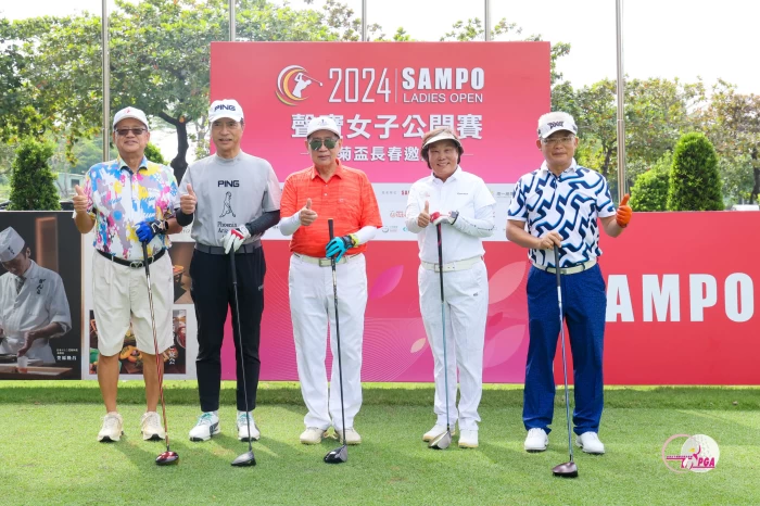 開球儀式貴賓合影聲寶公司副董事長陳盛泉(左起)日本頑固和食會長東川浩之、聲寶集團總裁陳盛沺、Tlpga理事長劉依貞及南一高爾夫球場董事長蔡君山。Tlpga提供／林聖凱攝影