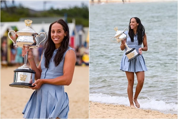 凱絲(Madison Keys)自豪地展示了她剛剛贏得的澳洲公開賽獎盃。摘自WTA推特
