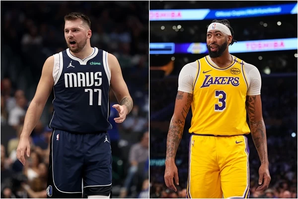 湖人明星內線戴維斯（Anthony Davis，右）被與唐西奇（Luka Doncic）交換。合成照片
