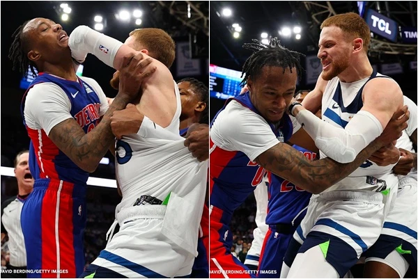 活塞新秀霍蘭德二世（Ron Holland II）大動作攔阻與灰狼射手迪文琴佐（Donte DiVincenzo）爆發衝突。摘自推特
