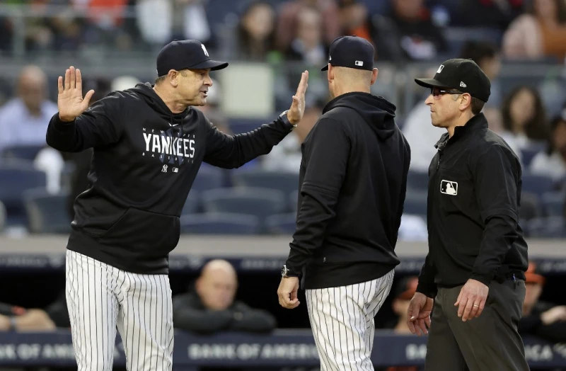 總教練布恩（Aaron Boone，左）因不服判決遭到驅逐出場。法新社