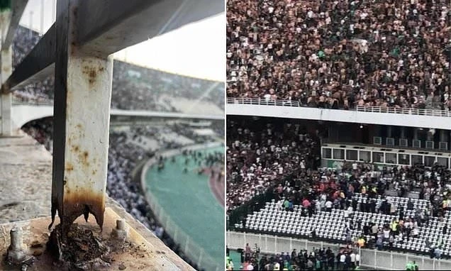 「七月五日體育場」（Stade du 5 Juillet）安全護欄生鄉鏽造成竹慘劇。摘自推特