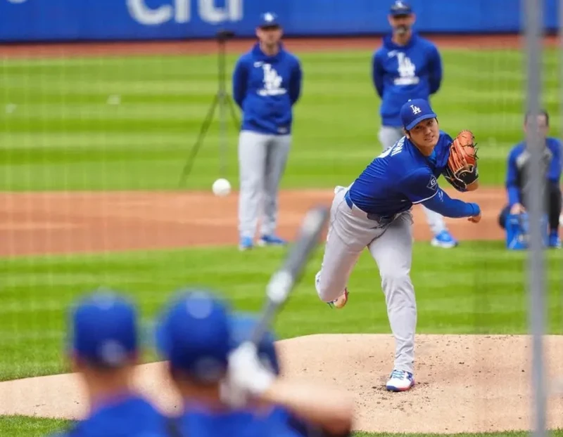 大谷翔平6月進行的第三次實戰投打練習。法新社