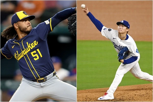 密爾瓦基釀酒人迎戰洛杉磯道奇。主隊先發投手佩洛塔(Freddy Peralta，左)對上山本由伸。合成照片