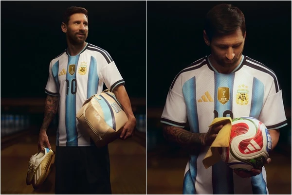 梅西在廣告中穿上明年世界盃的全新阿根廷球衣。摘自推特