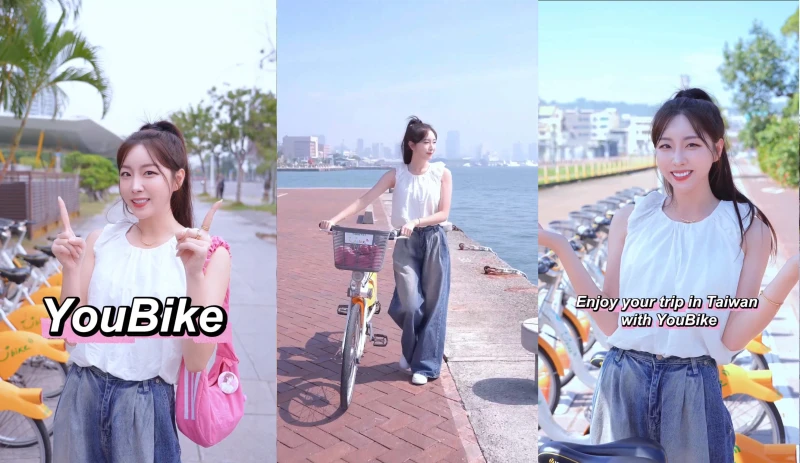 台鋼雄鷹啦啦隊韓籍成員安芝儇（小安）親自示範YouBike單次租車的教學。微笑單車提供