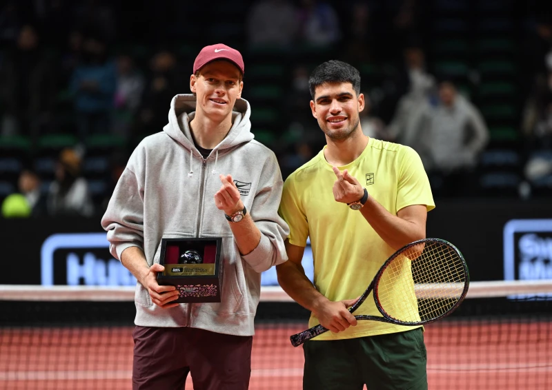 世界前二艾卡拉茲（Carlos Alcaraz）和辛納（Jannik Sinner）在韓國上演表演賽。法新社