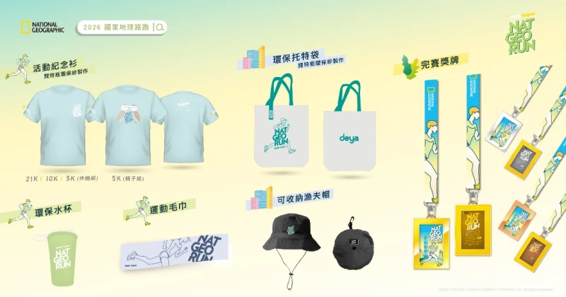 2026國家地理路跑NAT GEO RUN》持續將環保永續理念融入活動各個環節，並推出活動紀念衫、環保水杯、運動毛巾、及專屬獎牌等多款實用活動物資。官方提供