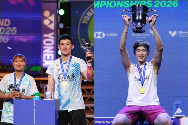 混雙葉宏蔚／詹又蓁和林俊易為台灣打下今年全英賽歷史雙冠。合成照片