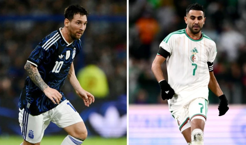 梅西(左)首度登場對上阿爾及利亞前鋒Riyad Mahrez。法新社