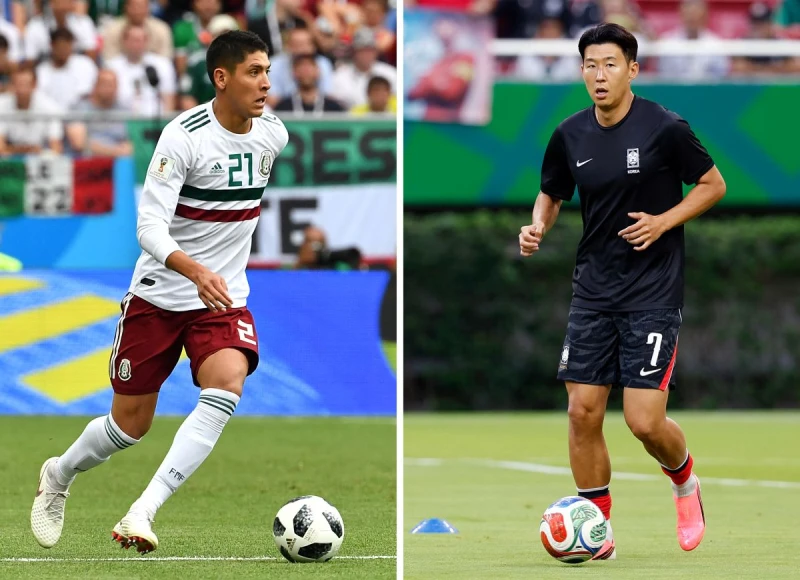 南韓孫興慜(右)與墨西哥後衛Edson Alvarez 。法新社