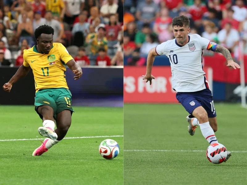 澳洲的伊蘭昆達(Nestory Irankunda)對上美國的普利西奇(Christian Pulisic)。法新社