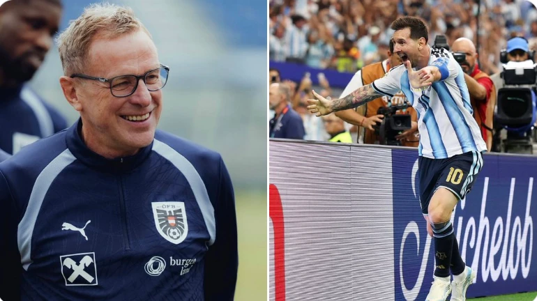 奧地利國家隊總教練朗尼克(Ralf Rangnick,左)雖然不爽執法,但仍大讚梅西。合成照片
