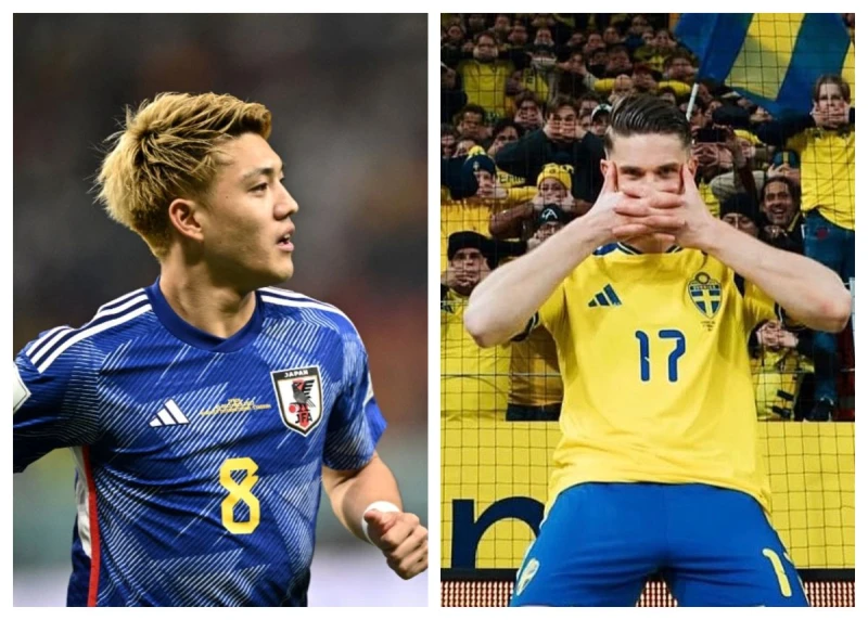 日本的堂安律(左)vs對上瑞典的約克雷斯（Viktor Gyökeres）。合成照片