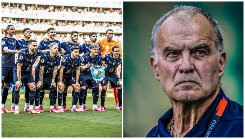 總教練貝爾薩(Marcelo Bielsa,右)領軍的烏拉圭早早在小組賽遭淘汰。合成照片