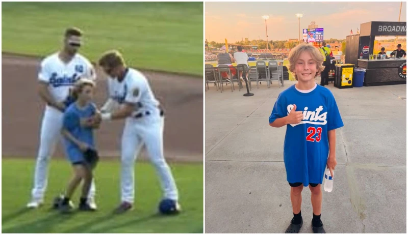 聖保羅聖徒(St. Paul Saints)詹金斯(Walker Jenkins)秀愛心照顧小朋友。合成照片