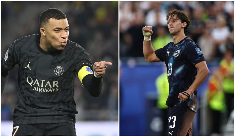 法國的姆巴佩（Kylian Mbappé，左）對決巴拉圭的加拉薩（Matias Galarza）。法新社