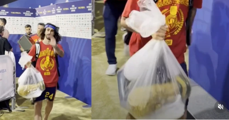 庫庫雷利亞用透明塑膠袋提著「大力神盃」離場,畫面在社群媒體引發熱議。合成圖翻攝自IG